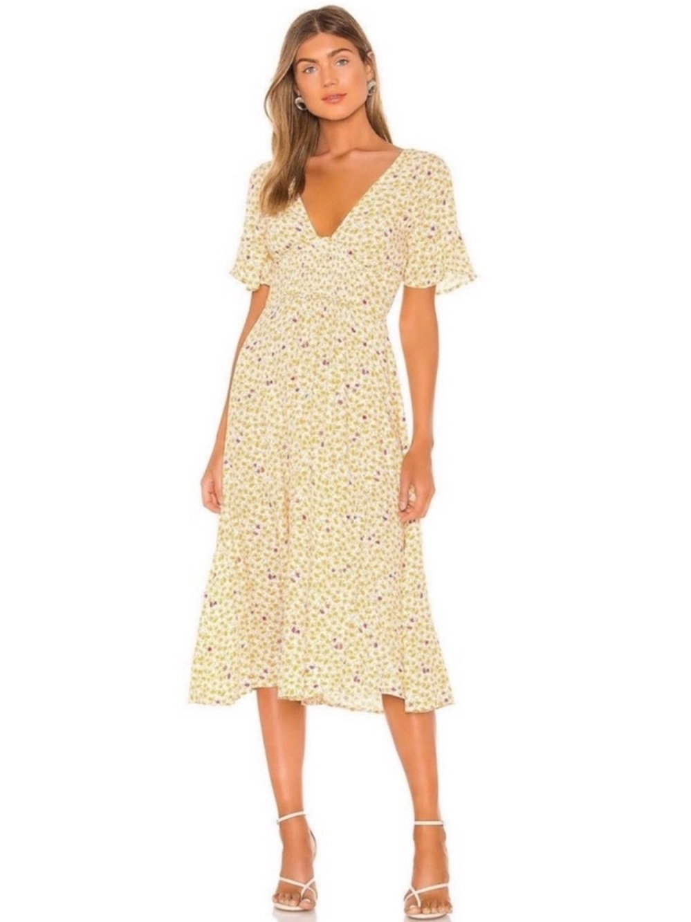 Free People Yellow Floral V-Neck Midi Dress